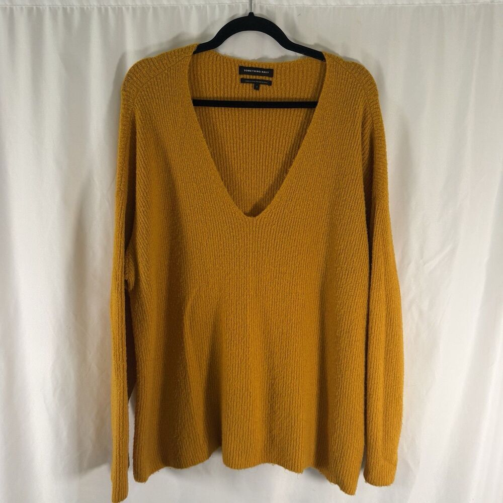 Something Navy Sweater Women's L Yellow Vneck Knit Long Sleeve Ribbed